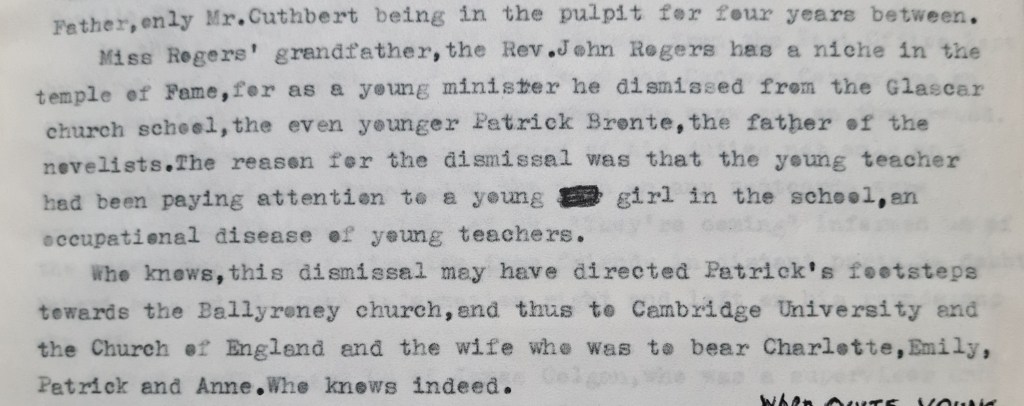 Typewritten text describing the dismissal of Patrick Bronte